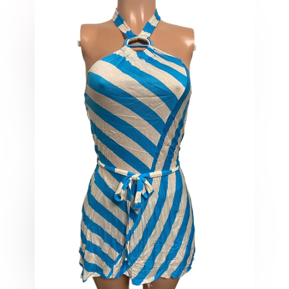 Blue Oatmeal Striped O-ring halter tunic New L